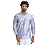 VASTRAMAY Mens Green Silk Blend Ethnic Shirt Full Sleeve South Indian Traditional Shirt Festive Wedding Casual Wear, Bluish White, 42