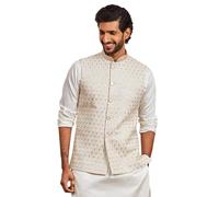 VASTRAMAY Mens - Nehru Jacket - This embroidered Nehru jacket for men is the perfect blend of elegance and tradition., cream-coloured, L