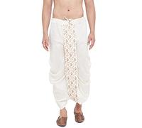 VASTRAMAY Men's Silk Blend Dhoti - Comfort, Classic Design for Festivals and Ceremonies | Traditional Machine Woven Style with Intricate Embroidery Details | Indian Ethnic Clothing, D6-off White, One