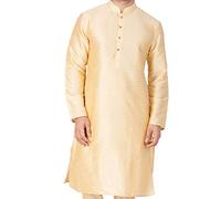 VASTRAMAY Men's Silk Blend Kurta - Elegance for Festivals and Events | Banarasi Silk with Light Cotton Blend Plain Long Sleeve Mandarin/Chinese Collar Kurta | Classic Design, Gold, Medium