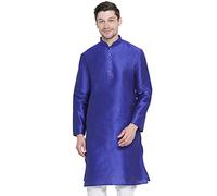VASTRAMAY Men's Silk Blend Kurta - Elegance for Festivals and Events | Banarasi Silk with Light Cotton Blend Plain Long Sleeve Mandarin/Chinese Collar Kurta | Classic Design, Blue, Large