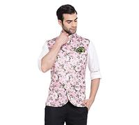 VASTRAMAY Nehru Men's Silk Blend Jacket - Timeless Style and Versatility | Digital Floral Printed Ethnic Sleeveless Coat for Formal and Casual Wear, Pink, XL
