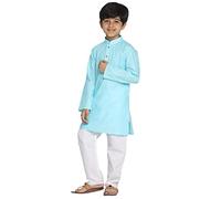 VASTRAMAY Plain Cotton Kurta with Long Sleeves, Mandarin Collar and Wooden Buttons, White Pajama Set with Elastic Waist for Party and Wedding, Aqua and white, 11-12 Jahre