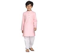 VASTRAMAY Plain Cotton Kurta with Long Sleeves, Mandarin Collar and Wooden Buttons, White Pajama Set with Elastic Waist for Party and Wedding, Pink / White, 11-12 Jahre