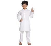 VASTRAMAY Plain Cotton Kurta with Long Sleeves, Mandarin Collar and Wooden Buttons, White Pajama Set with Elastic Waist for Party and Wedding, White, 7-8 Jahre
