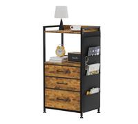 VASZOLA 3 Fabric Drawers Organizer Tower with Side Pocket and Wood Shelf, Sturdy Vertical File Chest Printer Stand with Storage, End Table Cabinet for Bedroom Office Living Room Dorm, Rustic Brown
