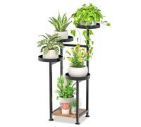 VASZOLA 5 Tier Black Plant Stand Indoor for Large Tall Heavy Duty Planter, Modern Mid Century Metal and Wooden Rack for Narrow House Bathroom Corner Floor, Vertical Spiral Orchid Organizer, Cat Proof