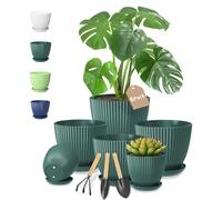 VASZOLA Dark Green Plant Pot Plastic Planter with Drainage Holes and Saucer Tray for Indoor Flower, Medium to Small 19/17/15/13/11/9 cm, Modern House Decorative Gardening Round Pot, Set of 6