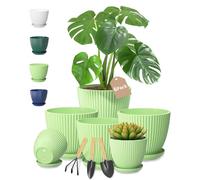 VASZOLA Light Green Plant Pot Plastic Planter with Drainage Holes and Saucer Tray for Indoor Flower, Medium to Small 19/17/15/13/11/9 cm, Modern House Decorative Gardening Round Pot, Set of 6