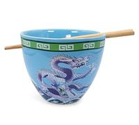 Vaszu Bowl Bop Blue Dragons Japanese Ceramic Dinnerware Set | Includes 16-Ounce Ramen Noodle Bowl and Wooden Chopsticks | Asian Food Dish Set for Home & Kitchen | Kawaii Anime Gifts and Collectibles