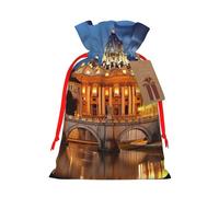 Vatican City Printed Christmas Drawstring Bags Reusable Xmas Bag for Party Xmas Gift Wrapping, Red Ribbon, S