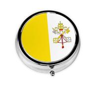 Vatican Flag Round mini Pill Box, Lightweight and Portable, with 3 Plastic Inserts, Suitable for Carrying in Pockets or Wallets.