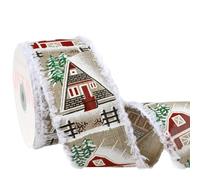 VATIN Christmas Tree House Printed Wired Ribbon with Decorative Edge, 65mm x 9m, for Holiday Crafts, Christmas Tree Decor, Ribbon for Gift Wrapping