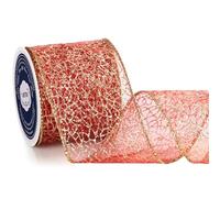 VATIN Red Organza Sheer Ribbon with Gold Glitter Enchantment Wired and Metallic Edge, 63mm x 9 Metres for Christmas Tree Decoration