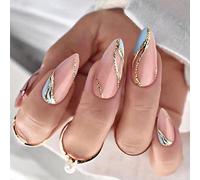Vatocu Almond French False Nails Short Pink Blue Fake Nails Glitter Gold Lines Acrylic Stick on Nails for Women and Girls (24pcs） (French 1)