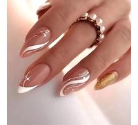 Vatocu Almond French False Nails Short Pink Blue Fake Nails Glitter Gold Lines Acrylic Stick on Nails for Women and Girls (24pcs) (French 3), Variety Pack, Pack Of 1
