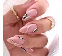 Vatocu Almond French False Nails Short Pink Blue Fake Nails Glitter Gold Lines Acrylic Stick on Nails for Women and Girls (24pcs) (French 2), Pack of 1