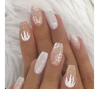 Vatocu Christmas Coffin Press on Nails Short White Nude False Nails Snowflakes Silver Glitter Fake Nails Gradient Acrylic Stick on Nails for Women and Girls（24pcs）