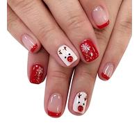 Vatocu Christmas Square False Nails Short Red Pink White Press on Nails Snowflakes Elk Fake Nails Acrylic Stick on Nails for Women and Girls（24pcs）