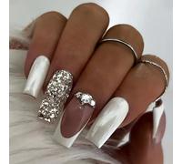 Vatocu Coffin French False Nails - Long White Nude Press-on With Glitter Crystal, Bling Glossy Acrylic Stick-on for Women and Girls (24pcs)
