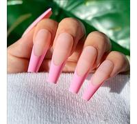 Vatocu Coffin Glossy False Nails French Pink Fake Nails Long White Nude Press on Nails Full Cover Ballerina Acrylic Stick on Nails for Women and Girls (24pcs）