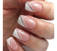 Vatocu French False Nails Short Pink White Press on Nails Glitter Lines Fake Nails Acrylic Stick on Nails for Women(24pcs)