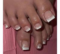 Vatocu French False Toenails Pink White Fake Toe Nails Lines Press on Toenails Glossy Acrylic Stick on Foot Nails for Women and Girls (24pcs)