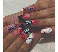 Vatocu Halloween Coffin False Nails Long Black Red Fake Nails Skull Blood Press on Nails Ghost Sword Acrylic Stick on Nails for Women and Girls (24pcs）