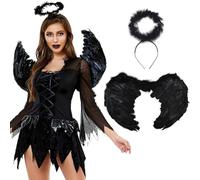 Vatocu Halloween Outfit 3 Piece Dress with Angel Wings and Halo Cosplay Costumes Day of the Dead Party Festival Dress for Women and Girls, Black