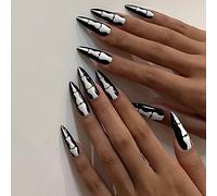 Vatocu Halloween Oval False Nails Long Black White Press on Nails Skeleton Skull Fake Nails Acrylic Stick on Nails for Women and Girls (24pcs）