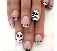 Vatocu Halloween Square False Nails Short Pink White Press on Nails Skull Mummy Fake Nails Acrylic Ghost Stick on Nails for Women and Girls (24pcs）