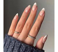 Vatocu Oval Glossy False Nails French Pink Fake Nails Short White Lines Press on Nails Nude Flower Acrylic Stick on Nails for Women and Girls (24pcs)
