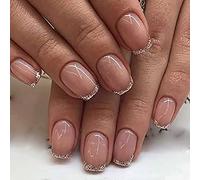 Vatocu Square False Nails Short Nude Glitter Press on Nails French Fake Nails Bling Glossy Acrylic Stick on Nails for Women and Girls (24pcs）, 1.0 count