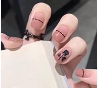 Vatocu Square Glossy False Nails Short Pink Fake Nails Black Flower Lines Press on Nails Gradient Acrylic Stick on Nails for Women and Girls (24pcs）