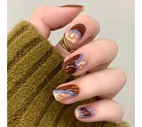 Vatocu Square Glossy Press on Nails Short Brown Pink False Nails French Blue Lines Fake Nails Gold Foil Acrylic Stick on Nails for Women and Girls (24pcs)