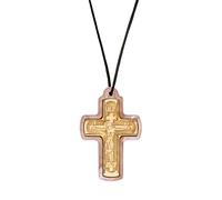 VATOPEDI MONASTERY Wooden Cross Necklace with Cord from Mount Athos - Handmade Beech Wood Orthodox Cross with Byzantine Design, Christian Religious Pendant for Daily Wear, Pink Cover