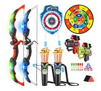 VATOS 2 Pack Bow and Arrow Toy with LED Light - 4 in 1 Archery & Dart Game Set with 20 Suction Cup Arrows, Shark Glow Target & Dart Board - Indoor/Outdoor Birthday Gift for Kids Boys Girls Ages 5-12