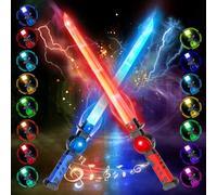 VATOS 2-Piece New Rechargeable Light Sword for Kids,15 RGB Variable Colour Light Up Sword with Sound Effects, 2 in 1 Retractable LED Light Blade Toy for Cosplay, Samurai Theme Parties