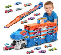 VATOS Dinosaur Transport Truck Car Toy - 2 In 1 Ejection Folding Track Toys with Sound, Portable Truck Car Toy with 8 Race Cars, Best Gift Carrier Vehicles Toys Set for Kids for Boys 3-5 Years Old