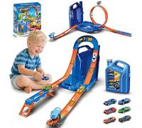 VATOS Race Car Toy Fuel Tank Track for Kids, 2-in-1 Mode Racing Tracks with 6 Die-Cast Cars & Speed-Up Booster, Storage Stunt Box Track Toy Gift for Kids Boys Ages 3 4 5 6 7 8 Years Old