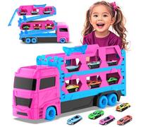 VATOS Transport Truck Toys Cars for Girls Ages 3 4 5 6, Portable Truck Toy with 6 Race Cars, Best Gift Carrier Vehicles Toys Set for Toddlers Kids