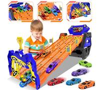 VATOS Upgraded 5-Track Transport Truck Toy Cars Age 3+ for Boys Ages 3-8, Portable Race Track Set with 5 Race Cars Carrier Truck Vehicles Toy Set for Kids