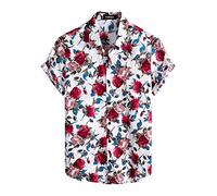 VATPAVE Mens 100% Cotton Hawaiian Flower Shirts Button Down Short Sleeve Beach Shirts Summer Casual Aloha Shirts Large WhiteRose