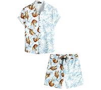 VATPAVE Mens Flamingo Hawaiian Sets Casual Short Sleeve Button Down Shirts Summer Outfits Medium White Tiger Suit