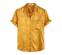 VATPAVE Mens Summer Jacquard Regular Fit Shirts Casual Button Down Short Sleeve Beach Tops with Pocket Medium Yellow Tropical