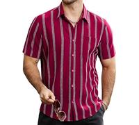 VATPAVE Mens Summer Striped Shirts Button Down Short Sleeve Vintage Beach Hawaiian Shirts with Pocket 3X-Large WineRed Aloha