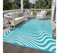 Vaukki Waterproof Outdoor Rug 6x9, Reversible Wave Striped Patio Rug, Lightweight Plastic Straw Camping Mat, Indoor Outdoor RV Carpet for Outsides, Patio, Camping, Balcony and RV, Teal