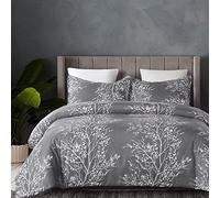 Vaulia Soft Microfiber Duvet Cover Set, Grey and White Floral Branches Printed Pattern - King Size 3-Piece Set (1 Duvet Cover 2 Pillow Shams)
