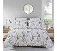 Vaulia Soft Microfiber Floral Duvet Cover Queen Size, Green Yellow Chic Botanical Print Pattern, Lightweight and Breathable Design, 3-Piece Set (1 Duvet Cover 2 Pillow Shams)