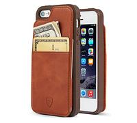 Vaultskin ETON ARMOUR Wallet Case for iPhone SE 1, Card Holder (Cognac) | Slim minimalist thin cover, holds up to 8 cards and cash, magnetic closure, shock-resistant bumper, Italian leather, gift box
